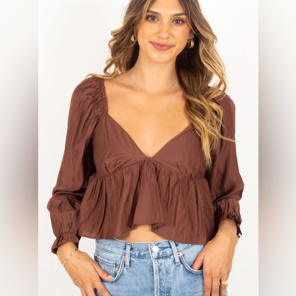 Verge Girl Brown Double Tie Back Ruffle Crop Top